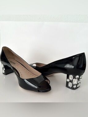 Miu Miu Black Patent Leather Crystal Embellished Block Heel Peep Toe Pumps